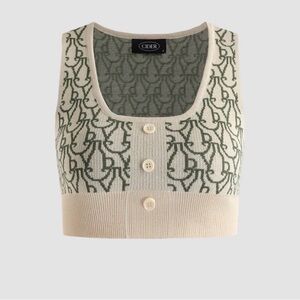 Cider S Cream Green Knit Sweater Vest Crop Top Square Neck Geometric Pattern